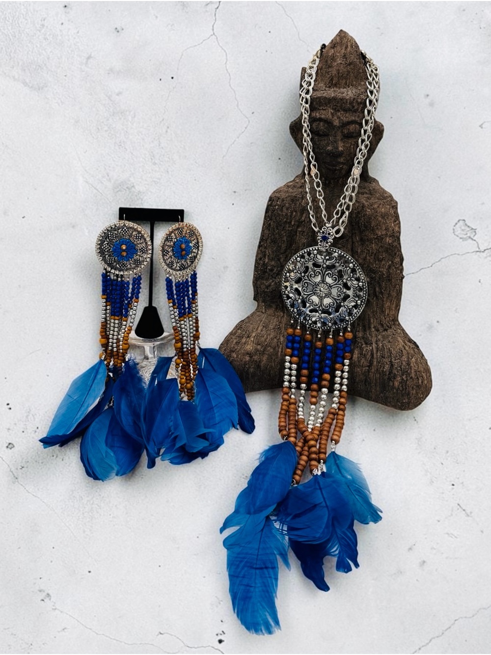 Bohemian Blue Feather Beaded Statement Necklace & Earrings Set- XXL